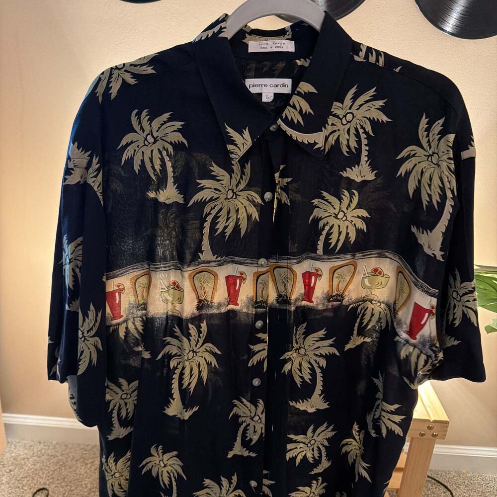 Pierre Cardin Black Tropical Hawaiian Shirt with Palm Trees & Cocktails